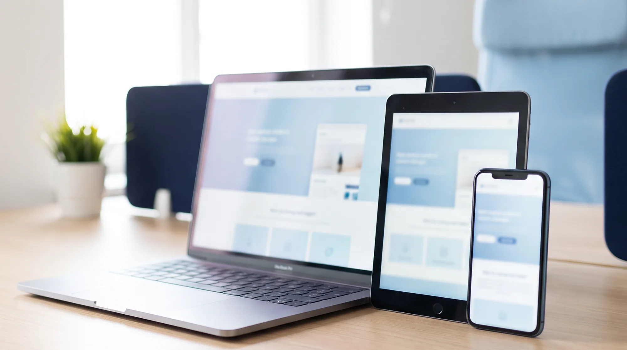 Een laptop, tablet en telefoon naast elkaar op een bureau, elk met een website in beeld