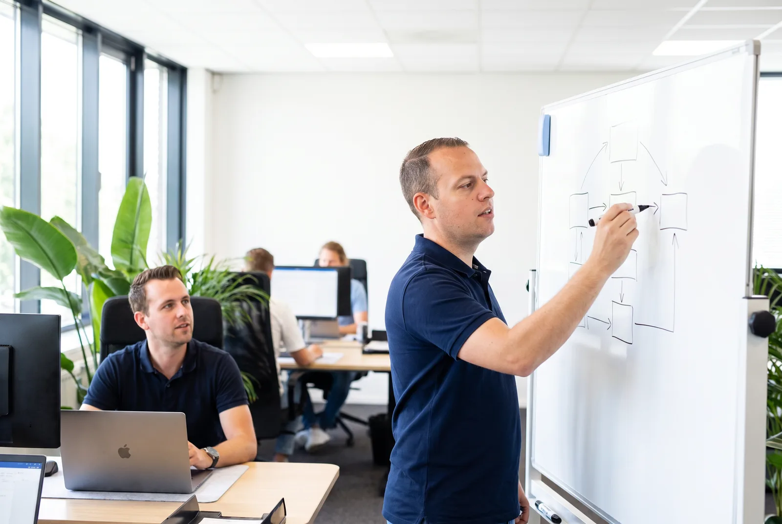 Jordy van Boutio schetst een processchema op het whiteboard terwijl een collega meekijkt