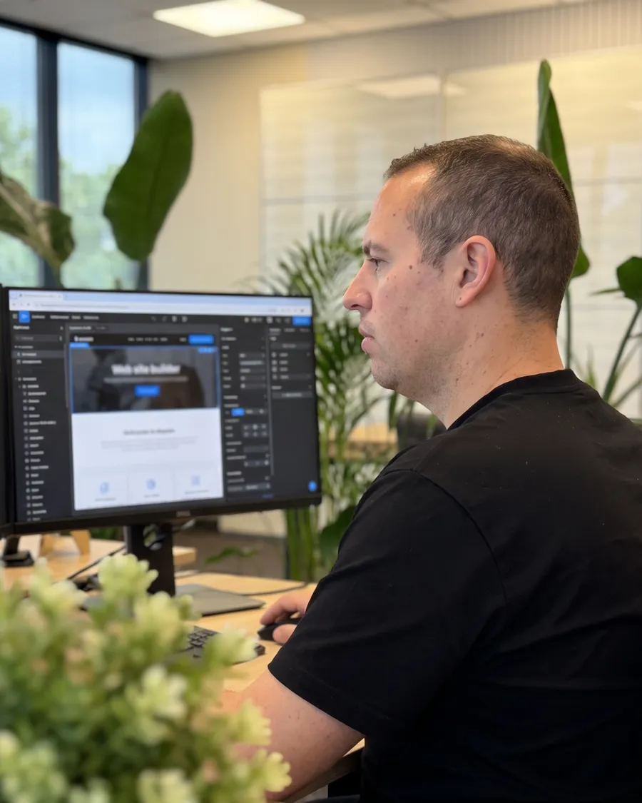 Jordy van Boutio werkt geconcentreerd aan een website tussen de kantoorplanten